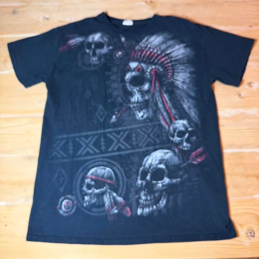 Mens Native American Skull Graphic T-Shirt Black‎ Heavy Cotton Medium